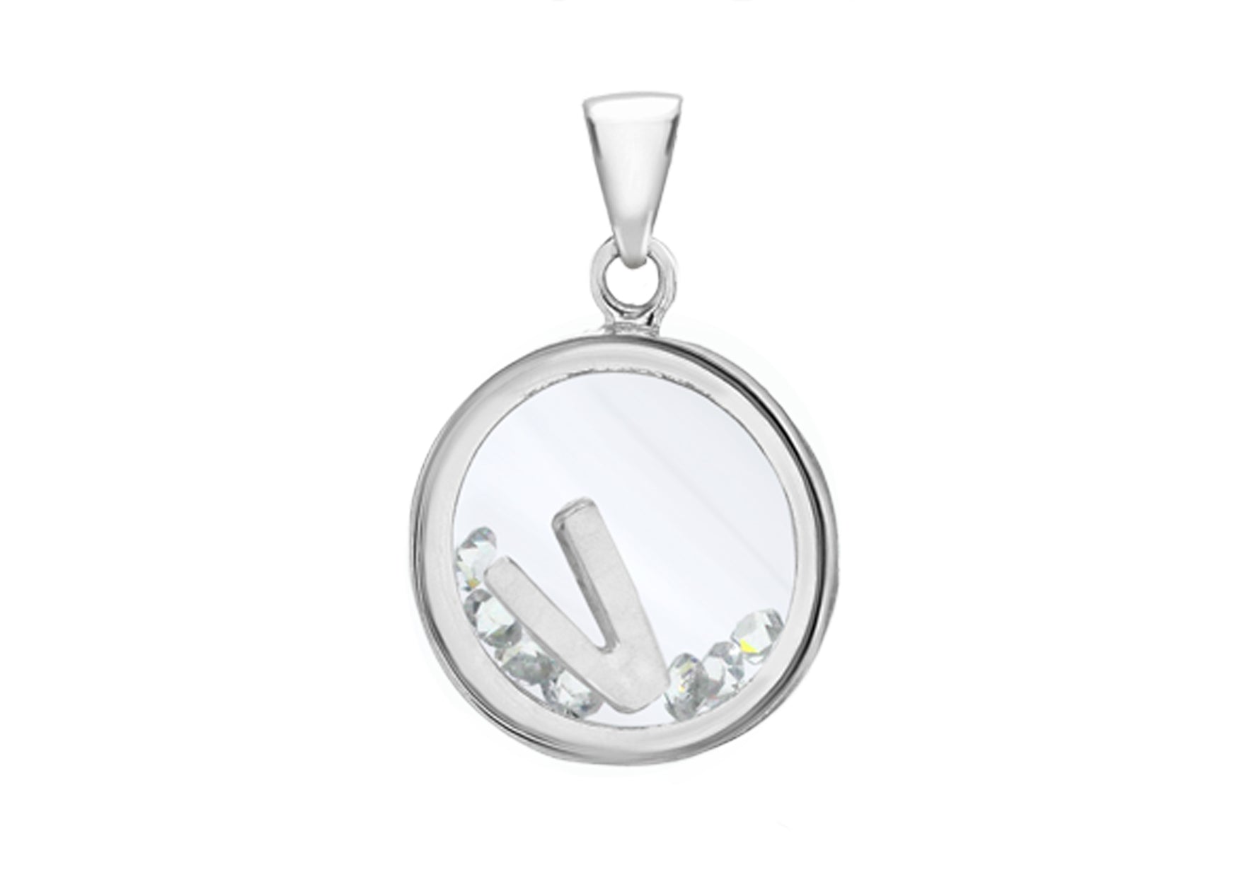 Sterling Silver Zirconia 14mm x 22mm 'V' Initial Floating ase Pendant