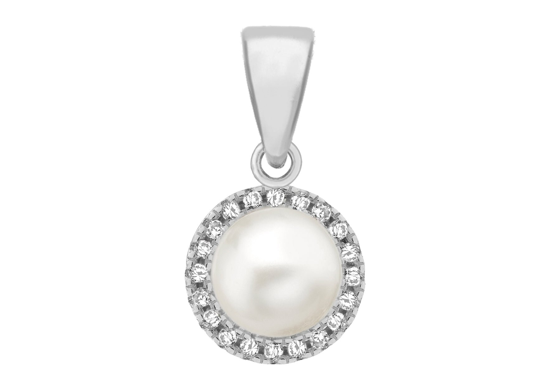 Sterling Silver Rhodium Plated Zirconia and Fresh Water Pearl 9.4mm x 17.5mm Pendant