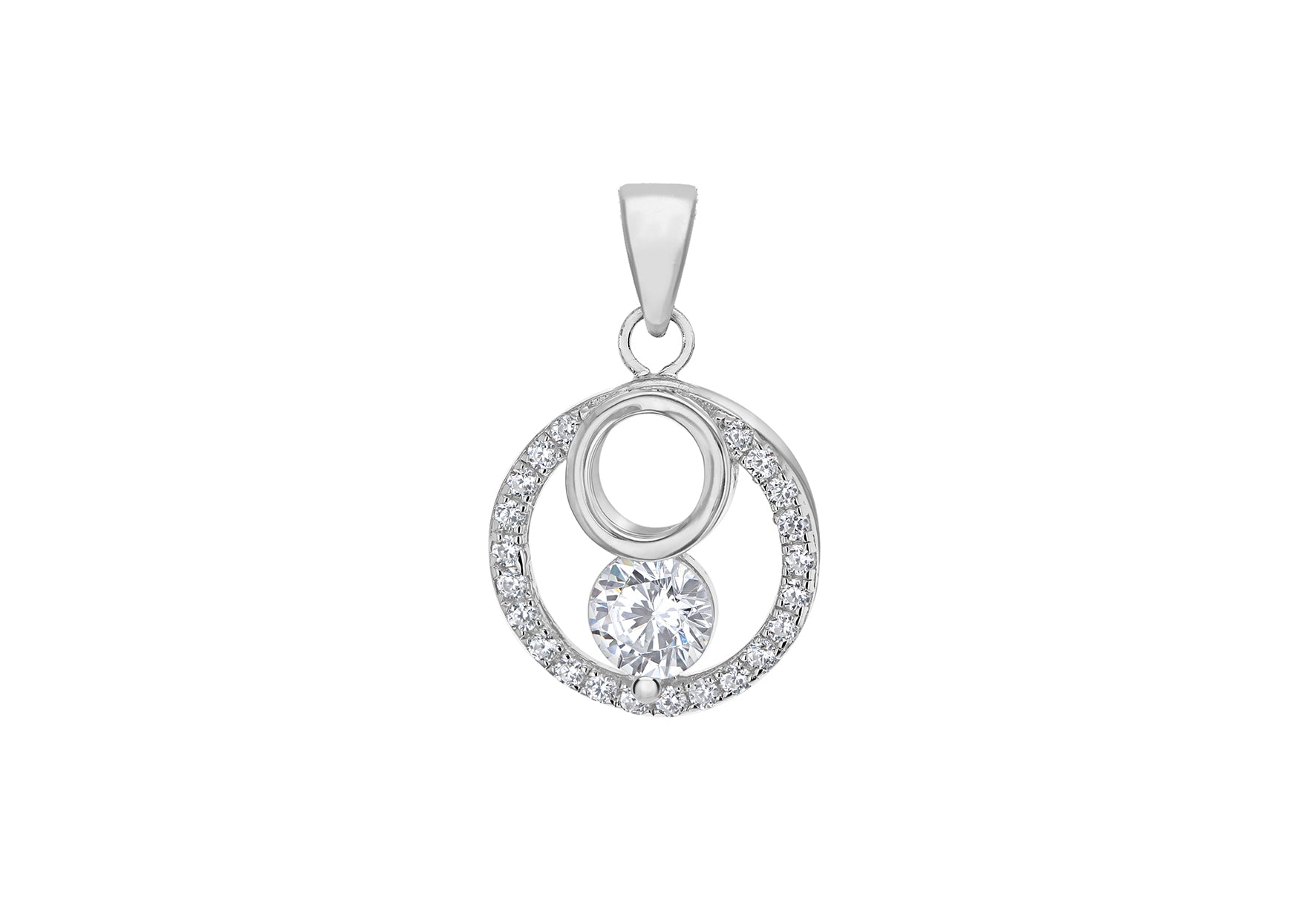 Sterling Silver Rhodium Plated Zirconia 13.3mm x 20.4mm Double-Circle Pendant