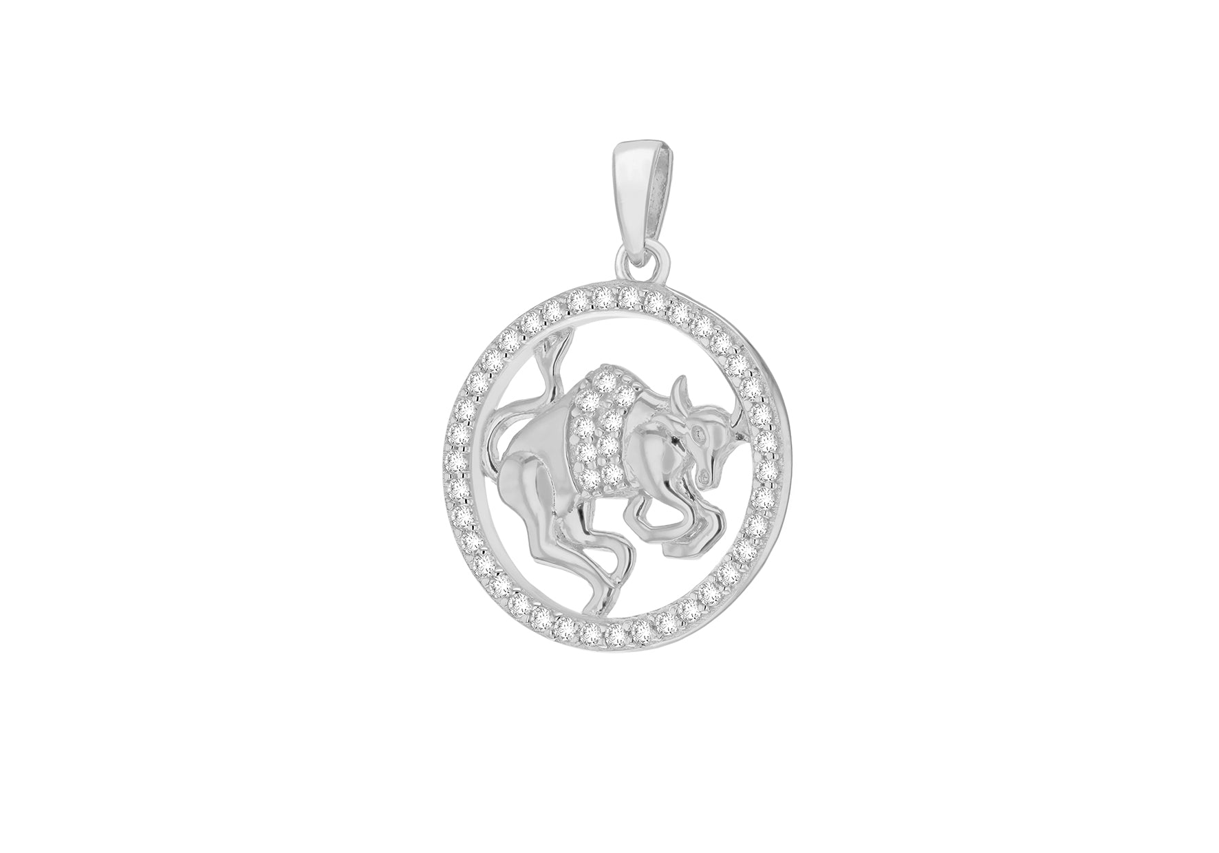 Sterling Silver Rhodium Plated Zirconia 19.3mm x 26.5mm Taurus Horoscop Round Pendant