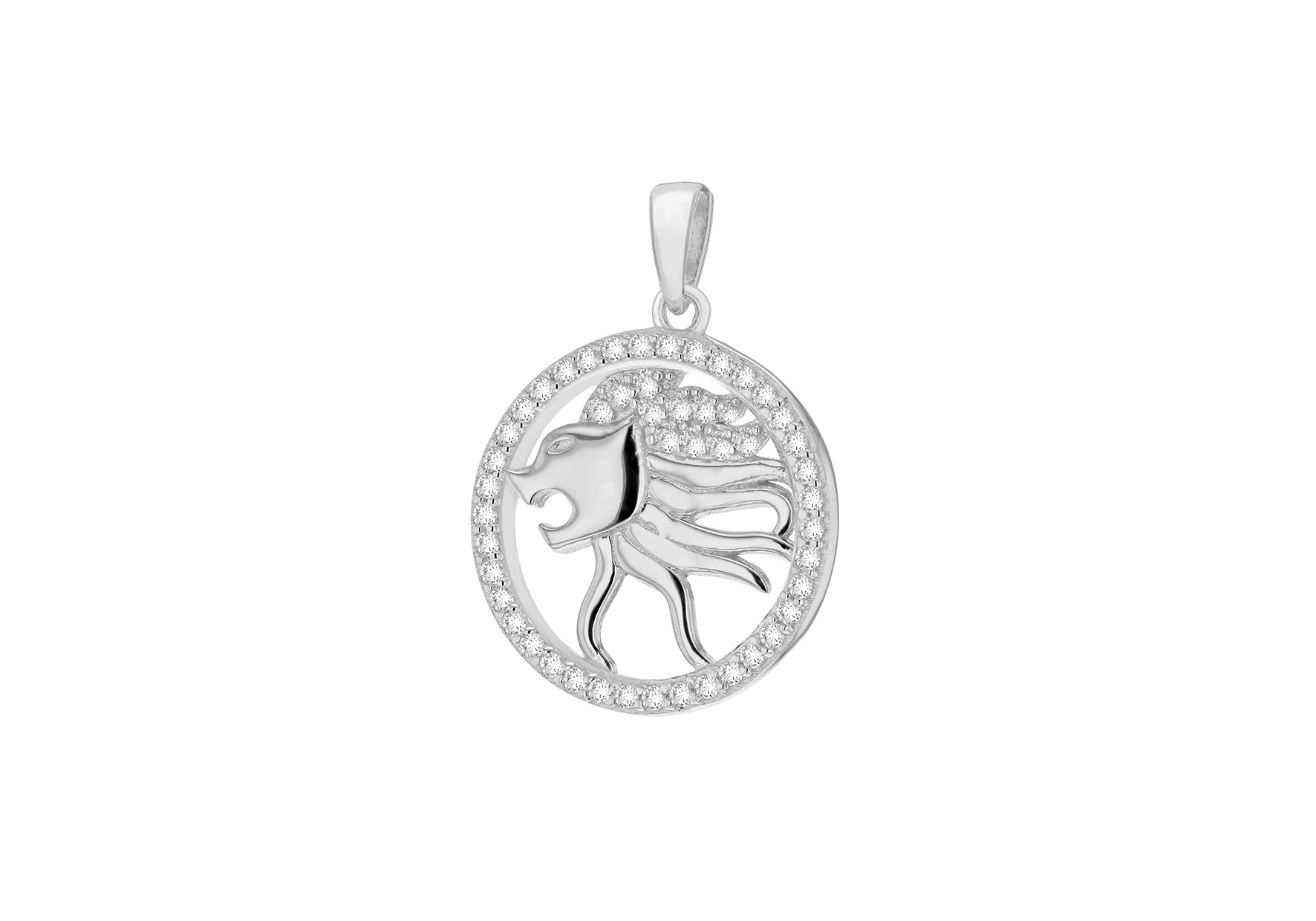 Sterling Silver Rhodium Plated Zirconia 19.3mm x 26.5mm Leo Horoscop Round Pendant