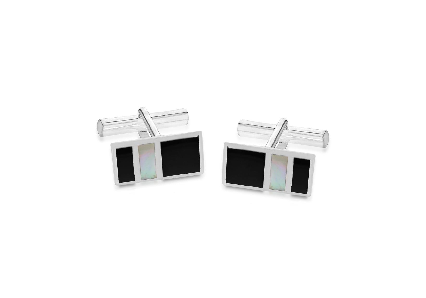 Sterling Silver 10.2mm x 18.8mm Onyx and Mother of Pearl Retangle Cufflinks