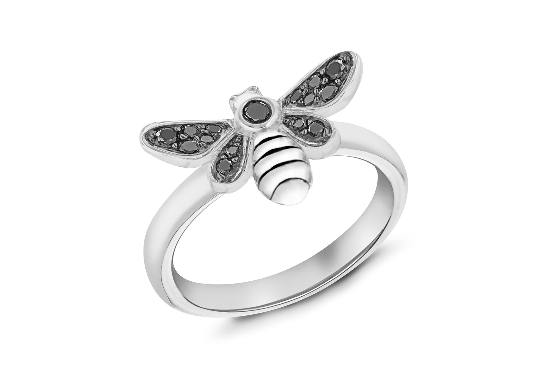 Sterling Silver Rhodium Plated Oxidised Black Zirconia Bee Stacking Ring
