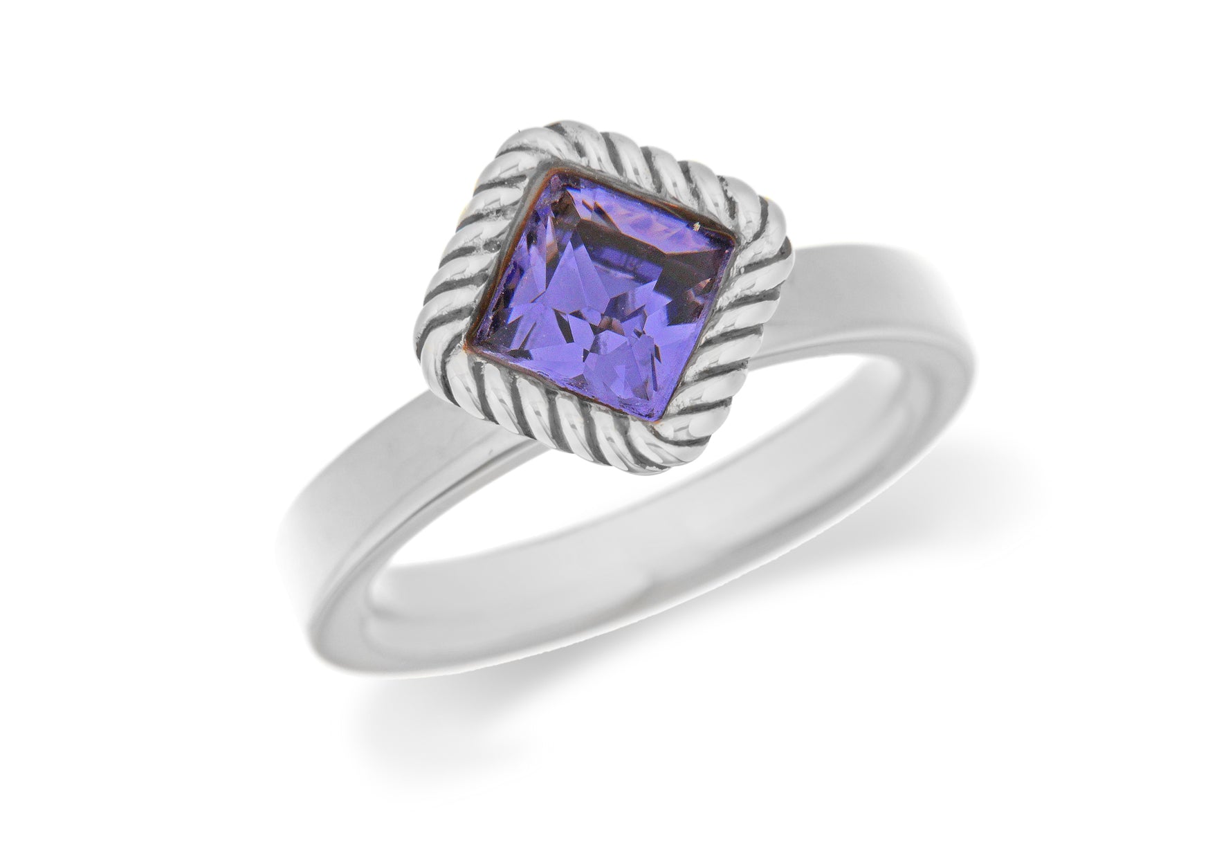 Sterling Silver Rhodium Plated Diamond Shaped Purple Crystal Stacking Ring