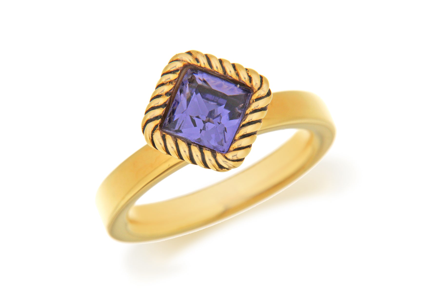 Sterling Silver Yellow Gold Plated Diamond Shaped Purple Crystal Stacking Ring