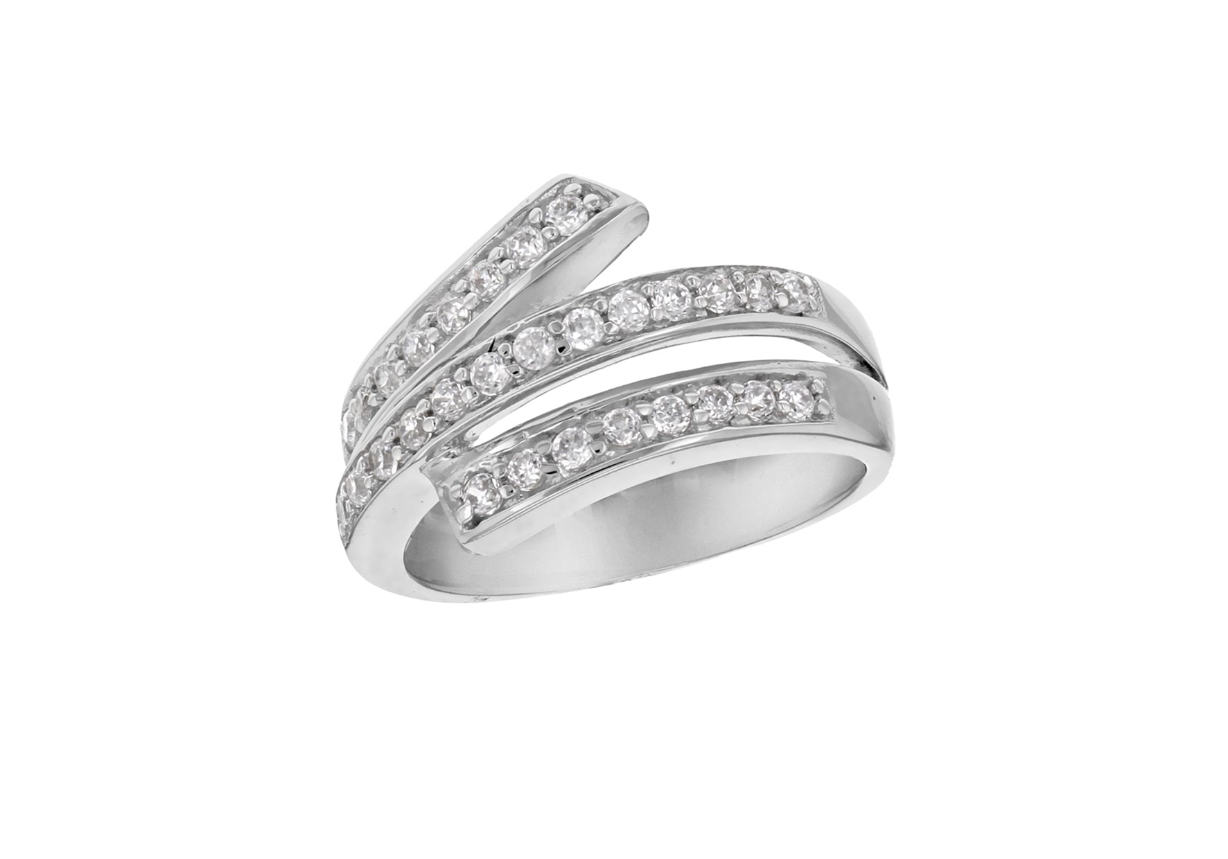Sterling Silver Tri-Row Zirconia  Stone Set Crossover Ring