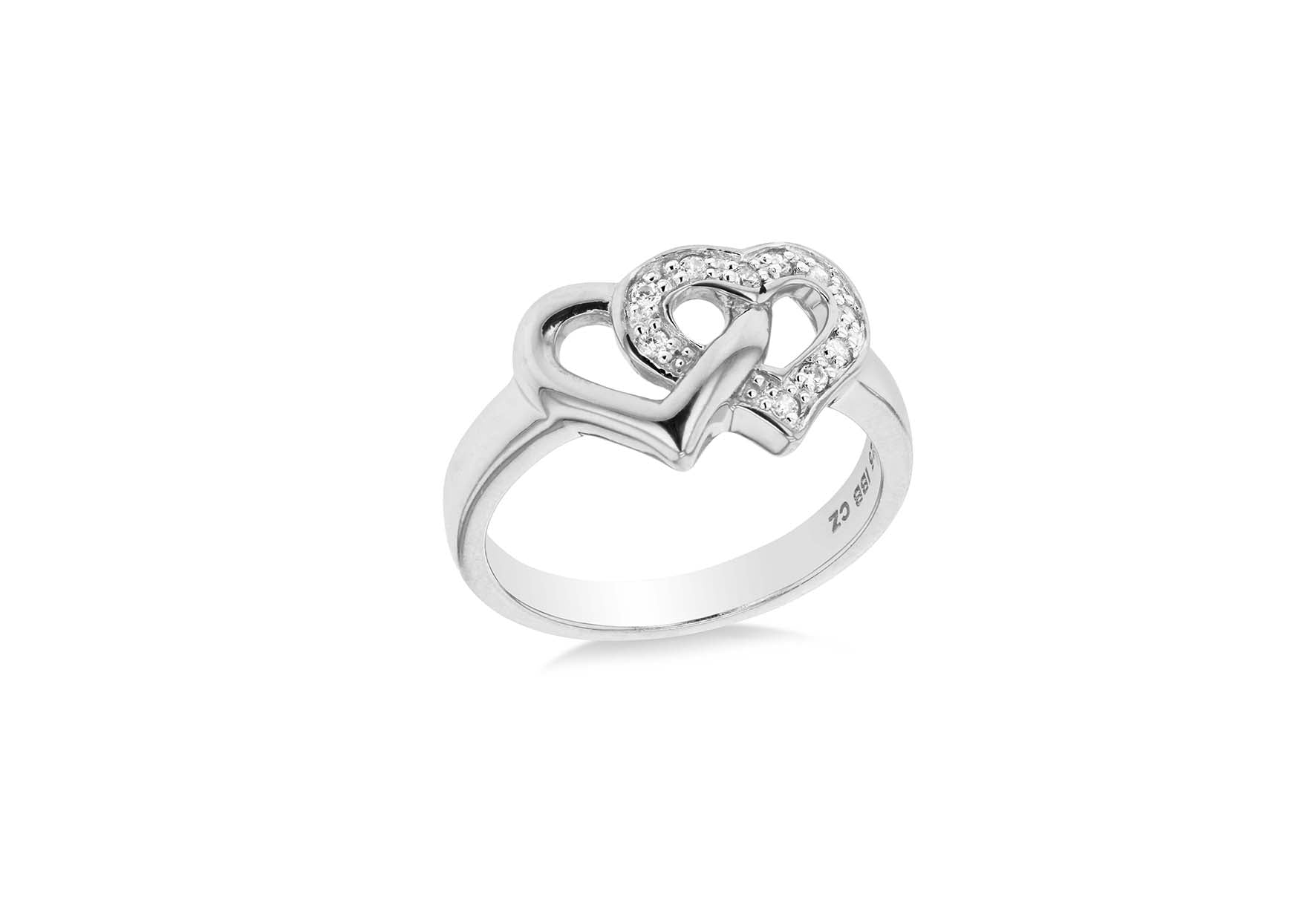 Sterling Silver Rhodium Double Hearts Zirconia Ring