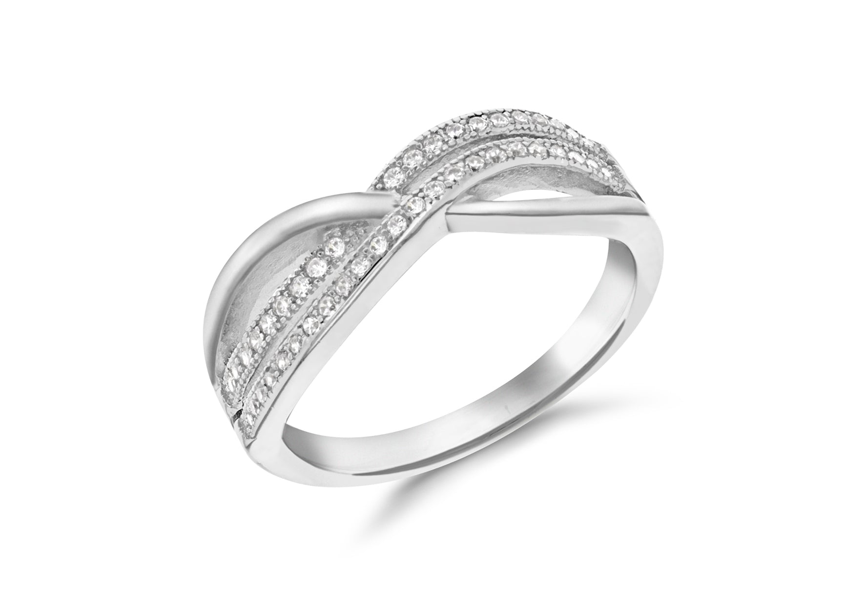 Sterling Silver Rhodium Plated Zirconia Double Crossover Ring