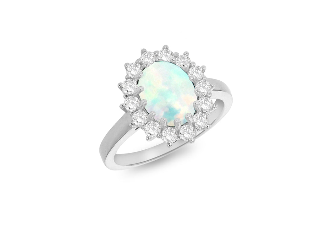 Opal & White Zirconia Sterling Silver Flower Cluster Ring