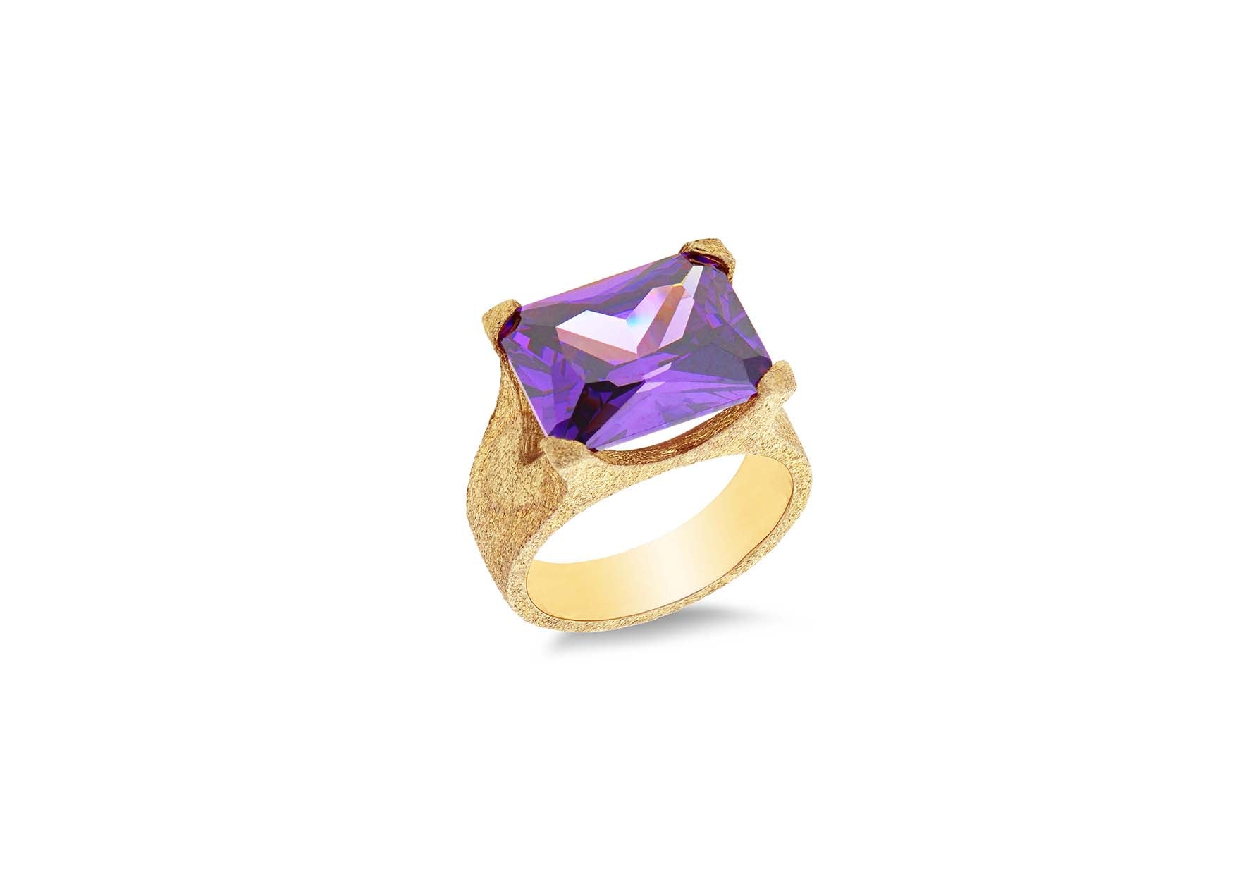 Sterling Silver Gold Plated Amethyst Zirconia  Set Ring
