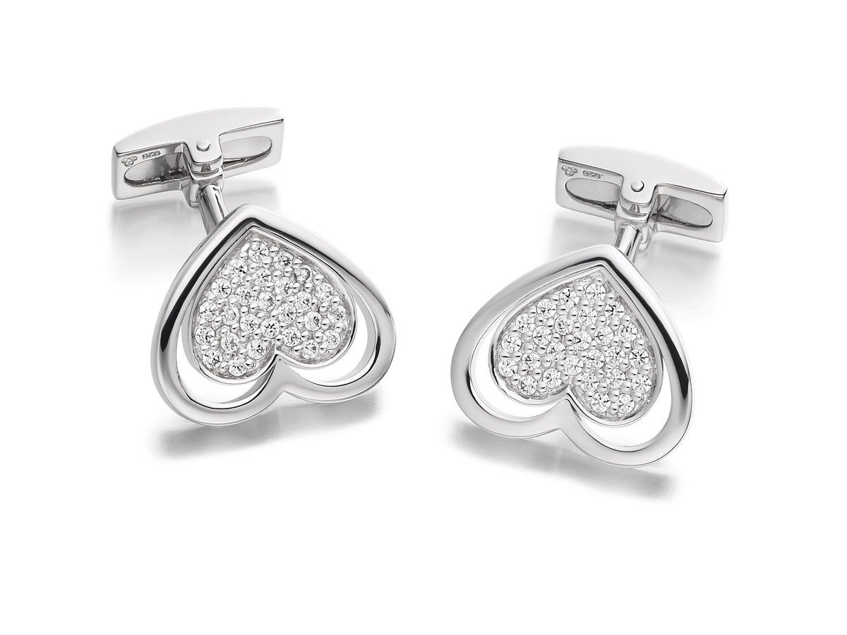 Hoxton London Men's Sterling Silver Heart Zirconia Cufflinks