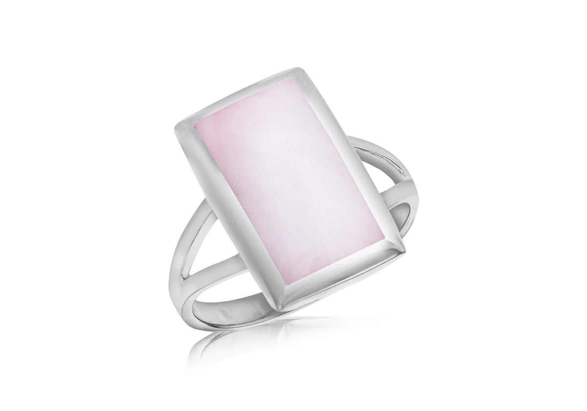 Sterling Silver Pink Mother of Pearl Bevelled Rectangle Ring
