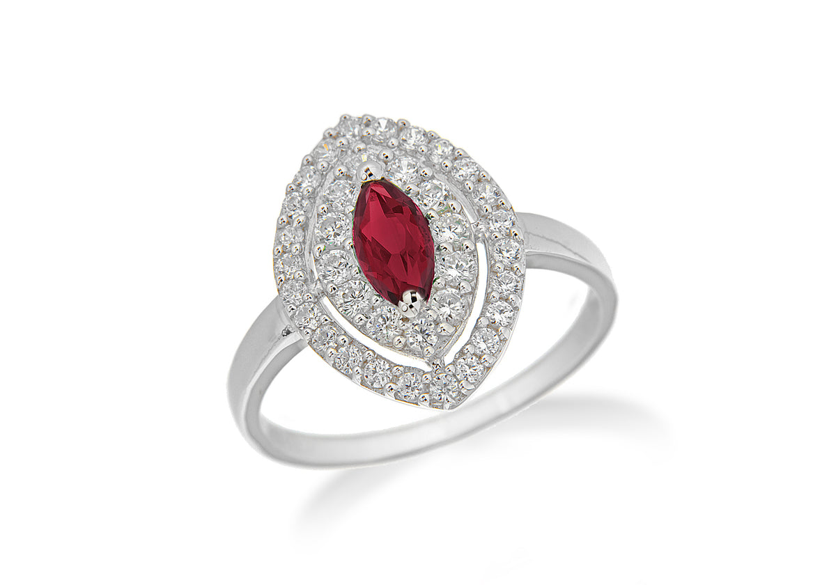 Sterling Silver Rhodium Plated White Zirconia and Ruby Crystal Elliptic Ring