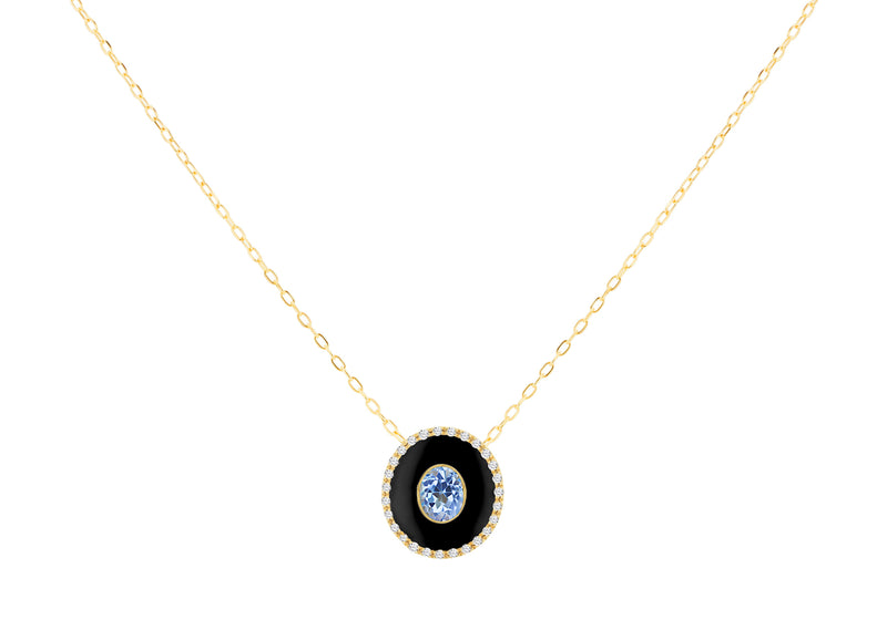 9ct Yellow Gold Blue Topaz Diamond Set Pendant Necklace