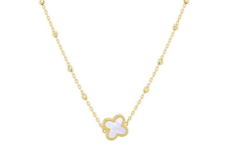 9ct Yellow Gold Mother Of Pearl Clover Ball Chain Necklace