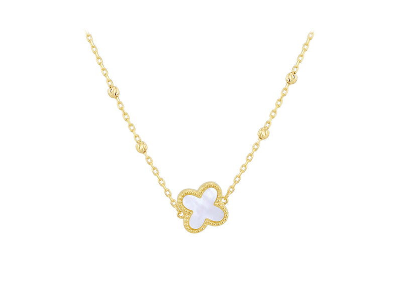 9ct Yellow Gold Mother Of Pearl Clover Ball Chain Necklace