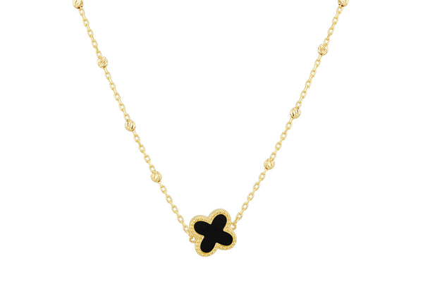 9ct Yellow Gold Black Onyx Clover Ball Chain Necklace