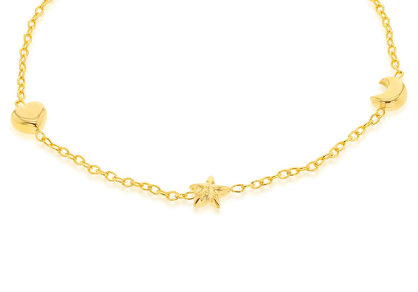 9ct Yellow Gold Moon Heart Star Charm Baby Bracelet