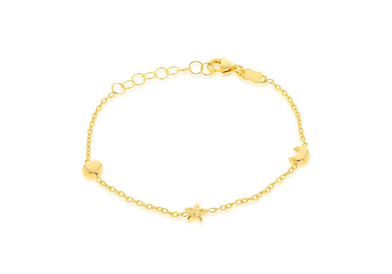 9ct Yellow Gold Moon Heart Star Charm Baby Bracelet