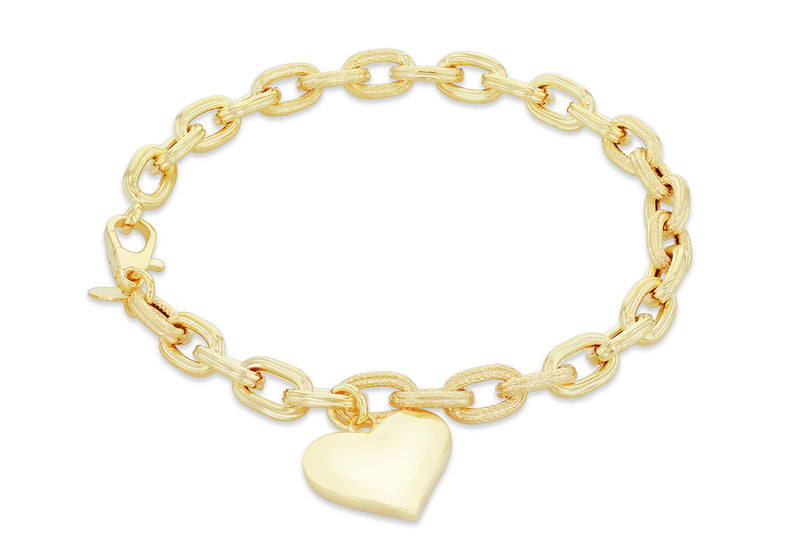 9ct Yellow Gold Heart Charm Grained Links Bracelet