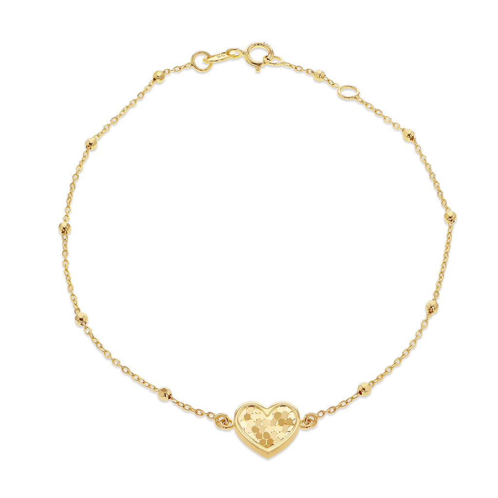 9ct Yellow Gold Sunburst Heart Adjustable Trace & Ball Chain Bracelet
