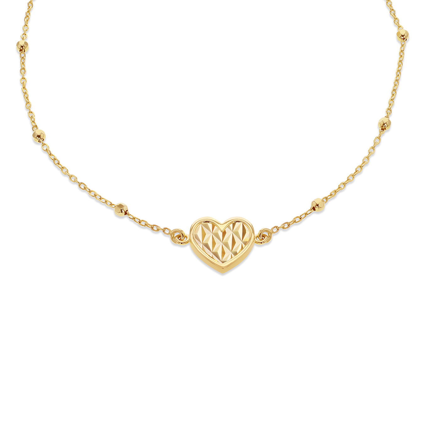 9ct Yellow Gold Starburst Heart Adjustable Trace & Ball Chain Bracelet