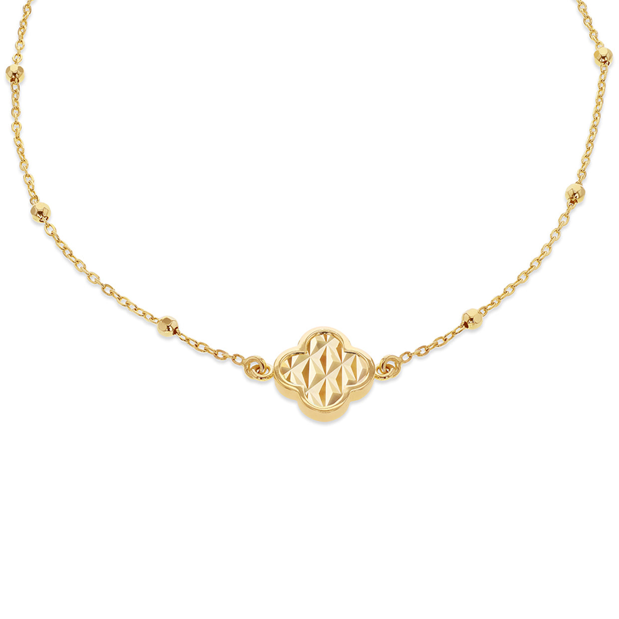 9ct Yellow Gold Starburst Clover Adjustable Trace & Ball Chain Bracelet