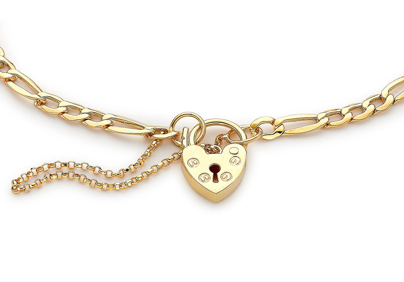 9ct Yellow Gold Figaro Padlock and Safety Chain Bracelet