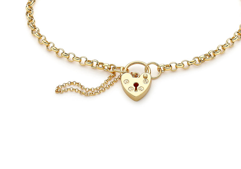 9ct Yellow Gold Round Belcher Padlock and Safety Chain Bracelet