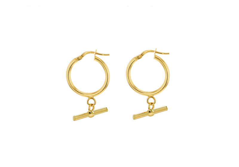 9ct Yellow Gold Round T-Bar Creole Hoop Earrings