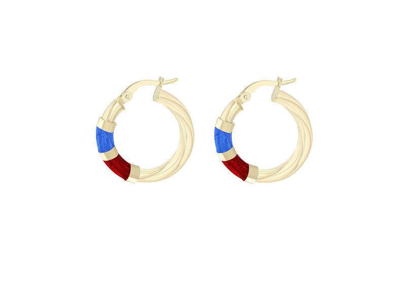 9ct Yellow Gold Blue and Red Enamel Twist Hoop Creole Earrings