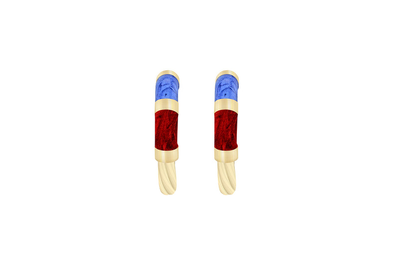 9ct Yellow Gold Blue and Red Enamel Twist Hoop Creole Earrings