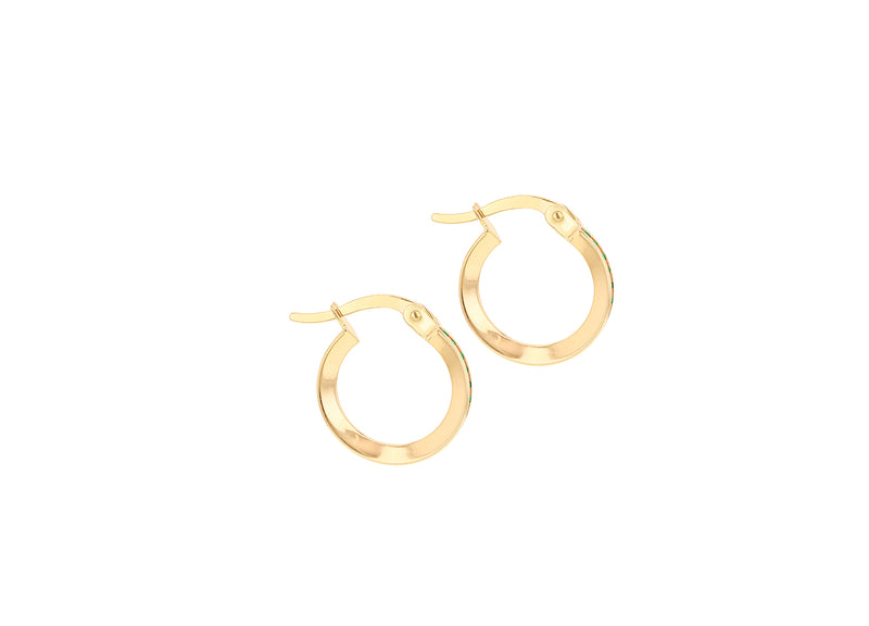 9ct Yellow Gold Green Zirconia Slim Hoop Earrings