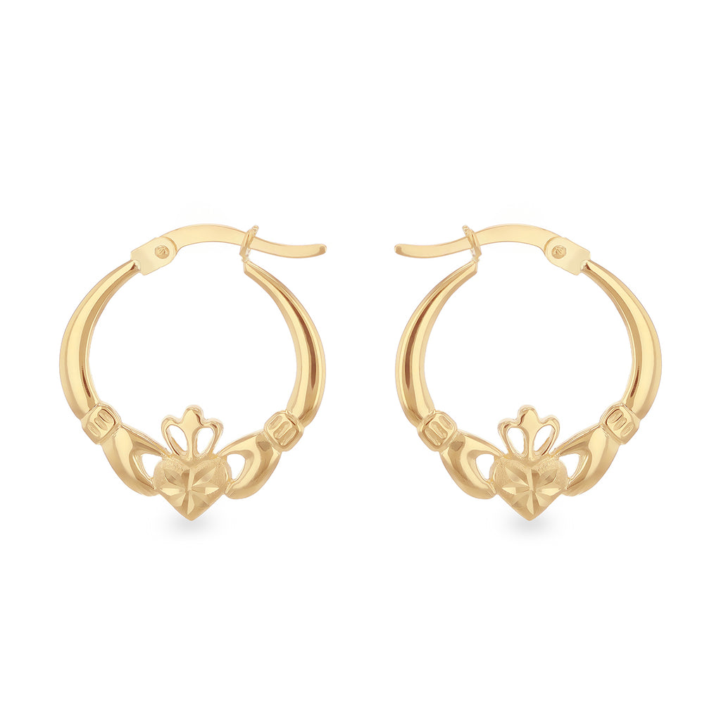 9ct Yellow Gold Diamond Cut Claddagh Creole Earrings