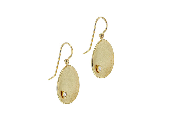 9ct Yellow Gold White Zirconia Brushed Concave Organic Disc Drop Earrings