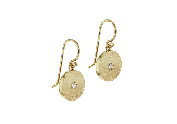 9ct Yellow Gold White Zirconia Brushed Discus Drop Earrings