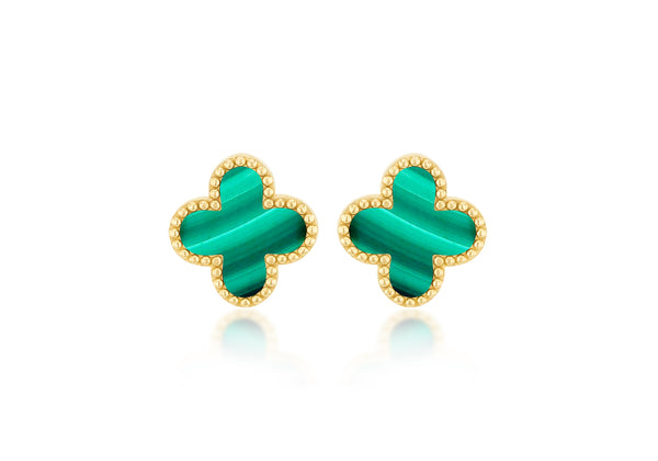 9ct Yellow Gold Clover Malachite Stud Earrings