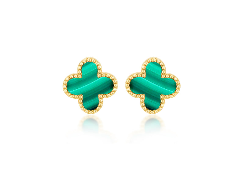 9ct Yellow Gold Clover Malachite Stud Earrings