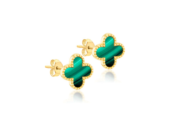 9ct Yellow Gold Clover Malachite Stud Earrings