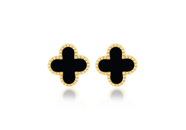 9ct Yellow Gold Black Onyx Clover Stud Earrings