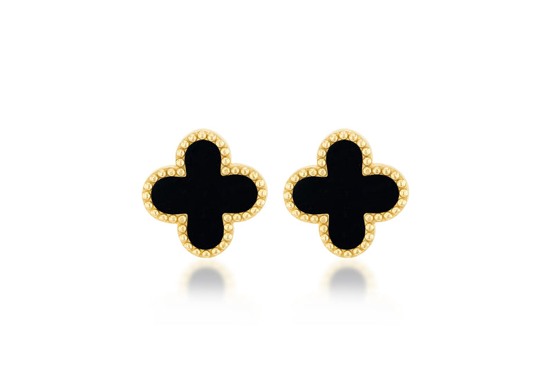9ct Yellow Gold Black Onyx Clover Stud Earrings