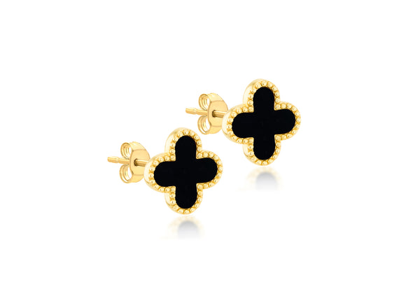 9ct Yellow Gold Black Onyx Clover Stud Earrings