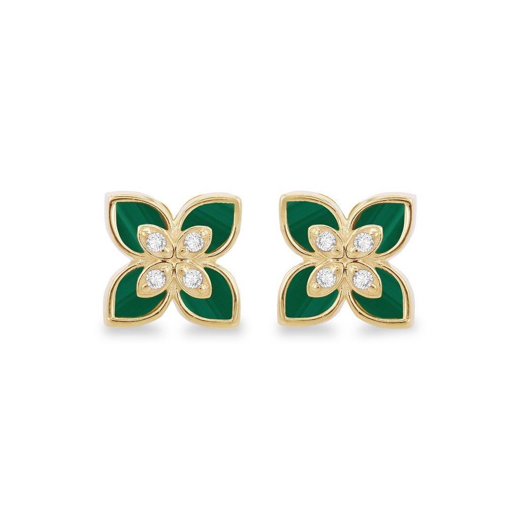 9ct Yellow Gold Malachite & Zirconia Flower Stud Earrings