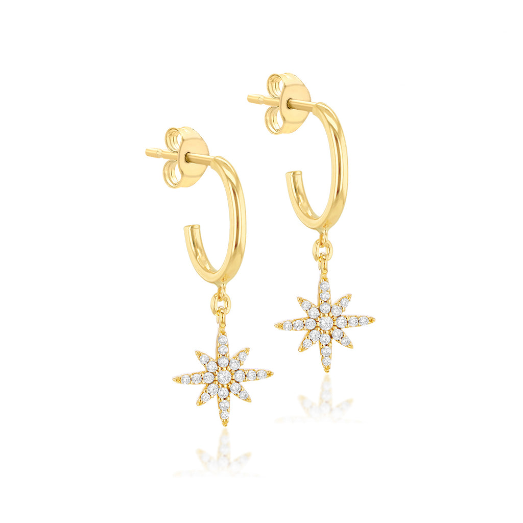 9ct Yellow Gold Zirconia North Star Hook Drop Stud Earrings
