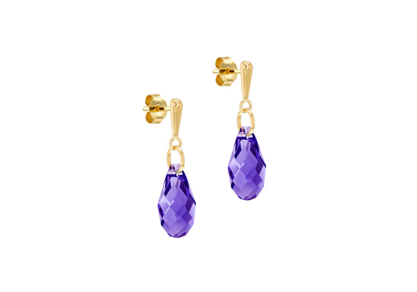9ct Yellow Gold Purple Swarovski Crystal Drop Earrings