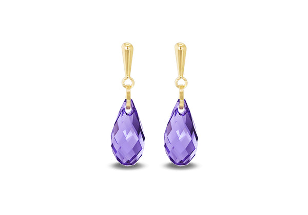 9ct Yellow Gold Purple Swarovski Crystal Drop Earrings