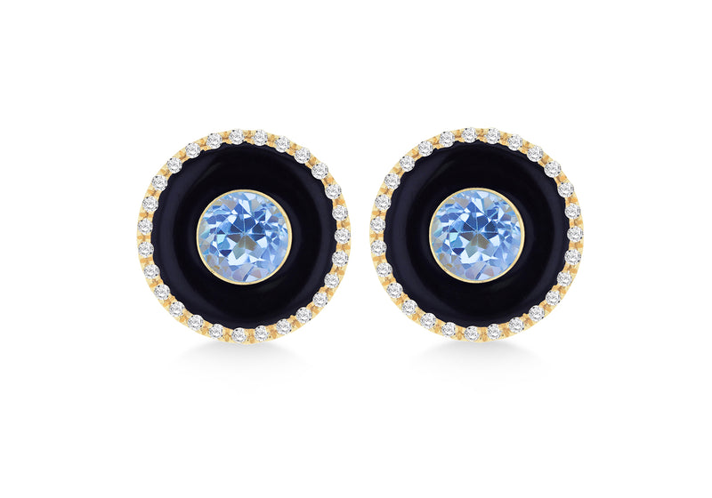 9ct Yellow Gold Blue Topaz and 52 x 0.5ct Round Diamond Stud Earrings