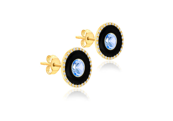 9ct Yellow Gold Blue Topaz and 52 x 0.005ct Diamond Oval Stud Earrings