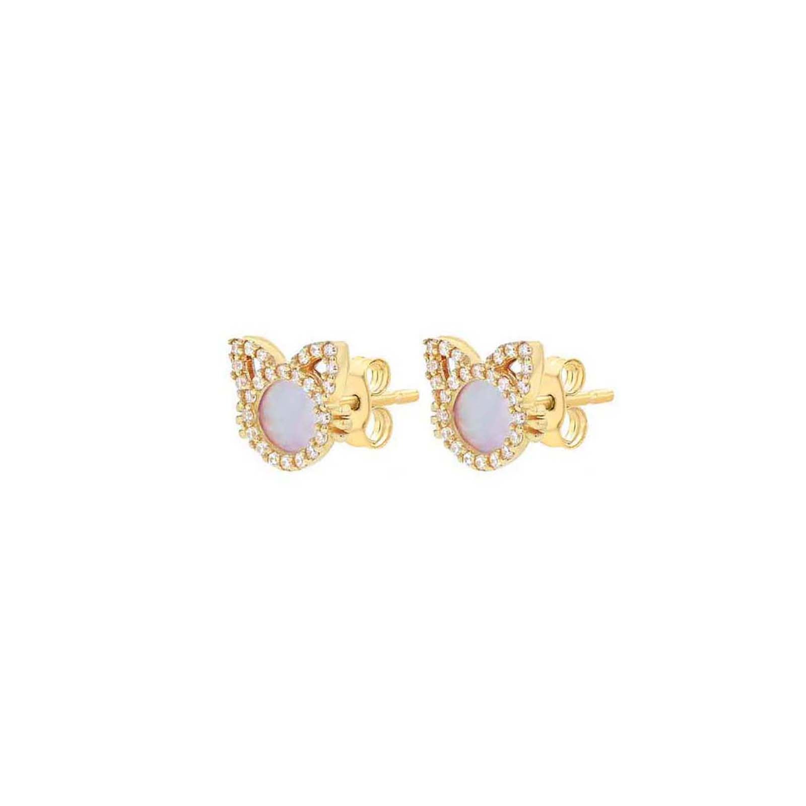 9ct Yellow Gold Mother of Pearl & Pavé Zirconia Cat Stud Earrings