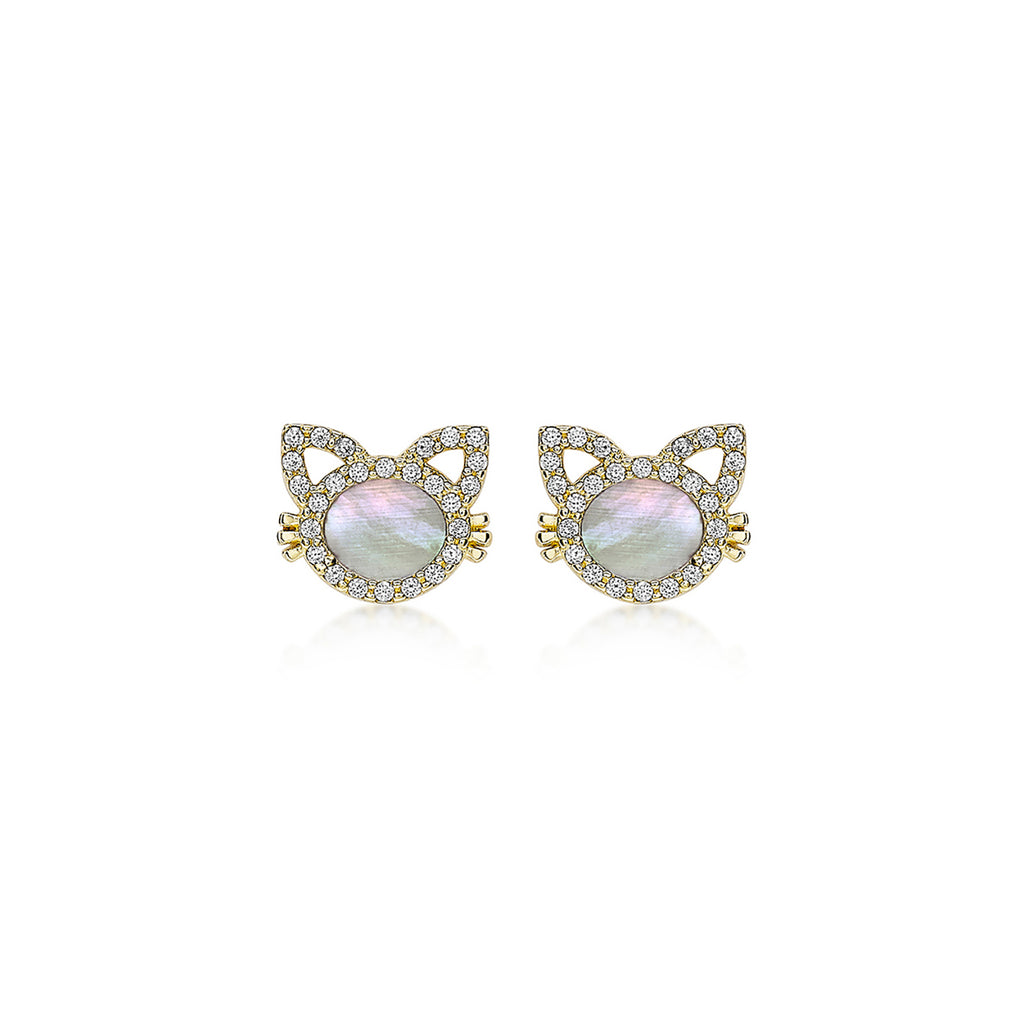 9ct Yellow Gold Mother of Pearl & Pavé Zirconia Cat Stud Earrings
